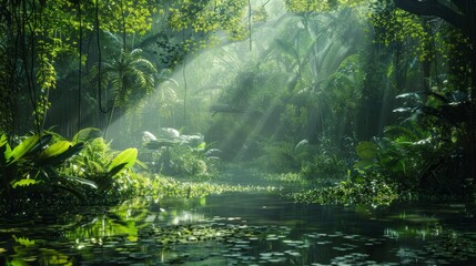 Sunlight streaming through thick jungle foliage, casting light on a mystical pond, vibrant greens, serene water, detailed textures, enchanting ambiance