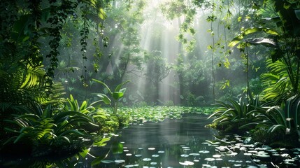 Sunlight streaming through thick jungle foliage, casting light on a mystical pond, vibrant greens, serene water, detailed textures, enchanting ambiance