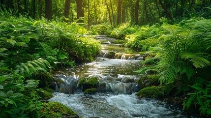 Obraz premium Sunlit forest stream with flowing water, surrounded by lush green plants, tranquil atmosphere, detailed and serene natural beauty