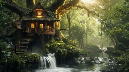 Fototapeta premium Sunlit tree house by a flowing forest stream, lush greenery, detailed textures, serene and inviting, nature's beauty and tranquility