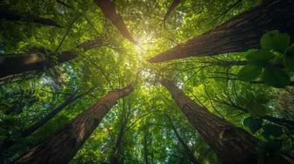 Fototapeta premium Tall trees in a dense forest, sunlight filtering through vibrant green canopy, lush foliage, detailed textures, perfect for landscape enthusiasts