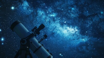 Fototapeta premium Telescope at an observatory, beneath a brilliant starry sky, detailed celestial objects, serene and enchanting night scene