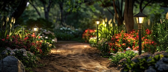 Solar-powered outdoor lighting illuminating a garden pathway, lush garden with flowers and plants. Solar-powered lighting. Integration of solar technology. Banner