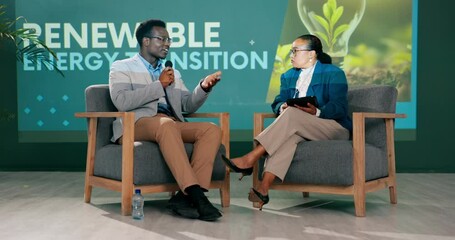 Seminar, presentation and corporate event for renewable energy solutions for future. Presenter, eco friendly and convention discussion for ideas on global climate change impact and carbon footprint