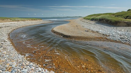Sandy beach with tide lines and scattered pebbles, capturing the natural diversity of coastal habitats. , Minimalism,