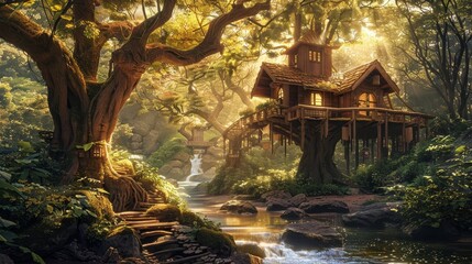Fototapeta premium Tree house by a sparkling stream in a sunlit forest, lush greenery, detailed and vibrant, serene and inviting, nature's tranquility