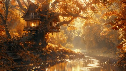 Tree house surrounded by golden foliage, serene autumn landscape, sparkling stream, bathed in warm sunlight, detailed and enchanting