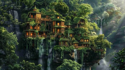 Tree house village nestled in the rainforest, rich greenery and a waterfall, vibrant colors, detailed textures, tranquil and picturesque