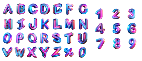 neon-lit 3D Letter and numbers set, glowing with vibrant pink and blue lights