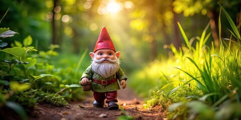 Obraz premium A whimsical garden gnome exploring a new setting and adventure, gnome, home, garden, whimsical, exploring, adventure, travel
