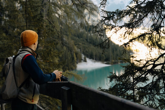 Hiker Man enjoying nature at forest