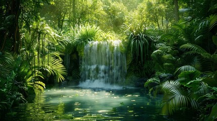 Fototapeta premium Waterfall oasis amidst lush greenery, rainforest setting, cascading water, vibrant green foliage, serene and mystical atmosphere