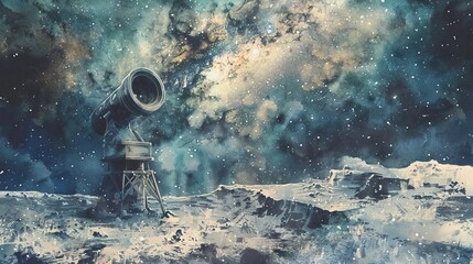 Watercolor depiction of an old observatory in ruins, its broken telescope pointing at the stars, surrounded by a mystical void, invoking a sense of forgotten wonder
