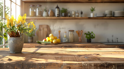 Fototapeta premium Beautiful natural wooden table with kitchen background