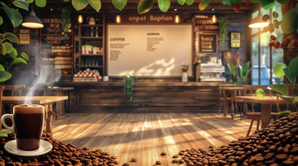 Obraz premium おしゃれなコーヒーショップ カフェ店内 背景素材 