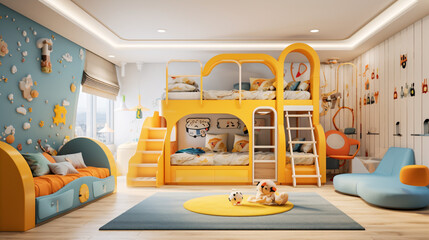 A playful and imaginative kids' bedroom filled with colorful toys and creative decorations.
