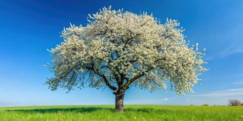 Apple tree in full bloom under a clear blue sky on a beautiful spring day, apple, tree, blossom, spring, sunny, day, nature
