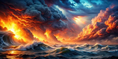 Fiery tempest over tumultuous ocean evoking primordial chaos and sublime power of nature, fiery, tempest, tumultuous, ocean