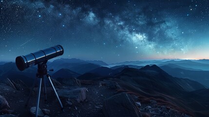 Naklejka premium Professional telescope under a starry night sky, mountain peak observatory, detailed and expansive view, tranquil and inspiring scene