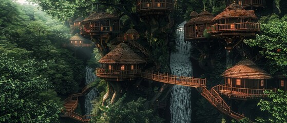Fototapeta premium Rainforest tree house village, surrounded by vibrant greenery, cascading waterfall, detailed textures, peaceful and magical ambiance