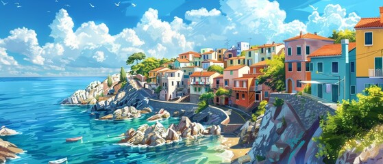 Rocky shoreline with colorful houses, blue sea backdrop, road winding through the landscape, vibrant and detailed, picturesque view
