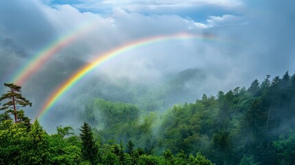 Stunning double rainbow above a verdant forest, mist and clouds in the background, peaceful nature scene, vivid and serene