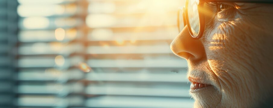 Close-up of a senior woman's face, looking out a window.  Sunlight shines through the blinds.