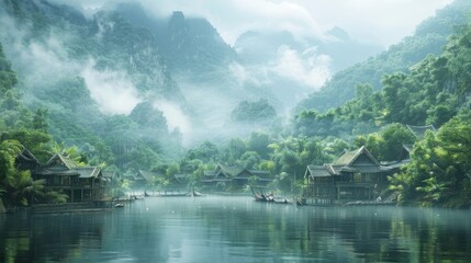 Fototapeta premium Serene river village in a misty mountainous landscape, lush greenery, detailed textures, calm waters, tranquil and picturesque view