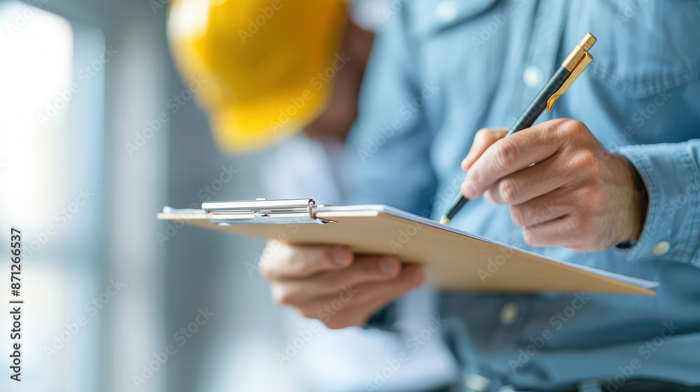 Wall mural close-up of a construction worker's hands writing on a clipboard. the worker is wearing a blue shirt