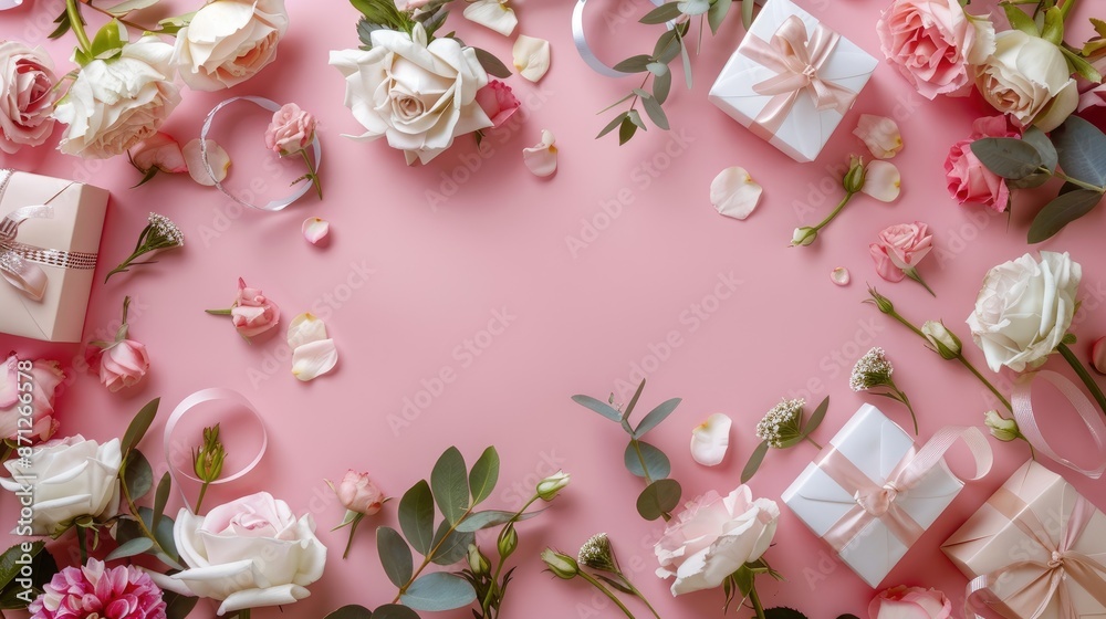 Poster beautiful flowers and elegant gift boxes on pink background with space for text flat lay