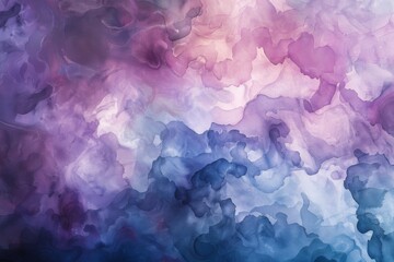 Fototapeta premium Ethereal watercolor abstraction in purple and blue hues, blending seamlessly from deep indigo to soft lavender, creating a dreamy, cloud-like effect.