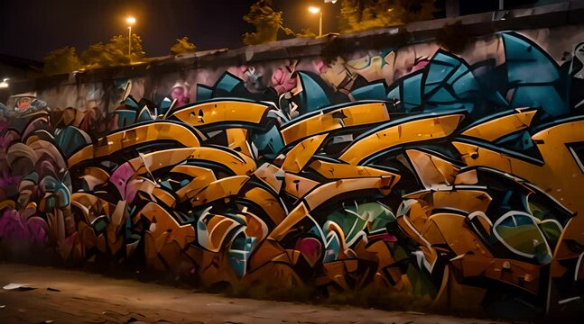 The street walls are covered with beautiful graffiti paintings at night