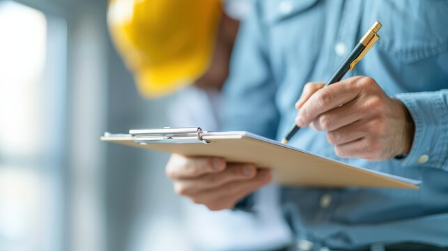 Close-up of a construction worker's hands writing on a clipboard.  The worker is wearing a blue shirt.  A yellow hard hat can be seen in the background.