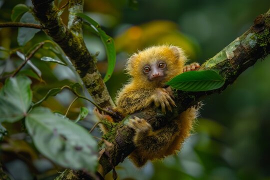 A tiny, golden-furred primate with large eyes clings to a mossy branch in a lush forest, surrounded by vibrant green leaves.