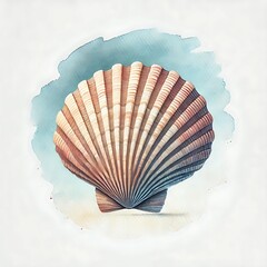 Watercolor Scallop Seashell. Close Up of Seashell Illustration. Marine Background. Perfect For Invitations, Greeting Cards, Posters, Prints, Banners, Flyers. Generative AI