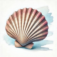 Watercolor Scallop Seashell. Close Up of Seashell Illustration. Beach Clam. Marine Background. Perfect For Invitations, Greeting Cards, Posters, Prints, Banners, Flyers. Generative AI