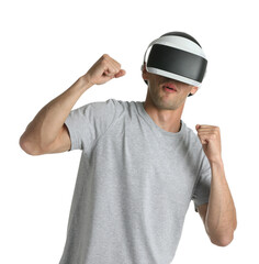 Fototapeta premium Man using virtual reality headset on white background
