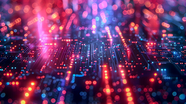 Glowing technological cables and circuits carrying data streams through a complex neon infused urban landscape with sleek angular devices and intricate woven circuits emitting a soft glow