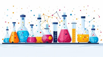 a chemistry laboratory setup with an array of glassware containing multicolored substances, interconnected by lines indicating a sequence of experiments or reactions.