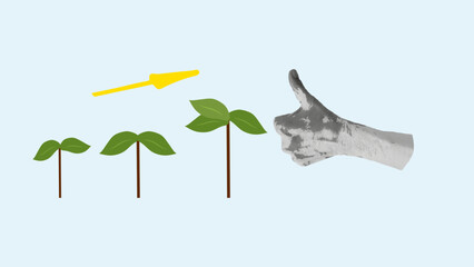 Halftone Collage business paper vintage cut paper. Carelessly pasted objects. Plant growth hand thumbs up. Design banner poster advertising materials. Vector illustration.