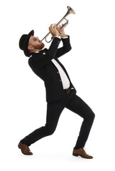 Obraz premium Handsome musician playing trumpet on white background