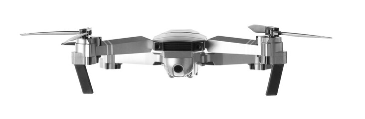 Modern drone with camera isolated on white