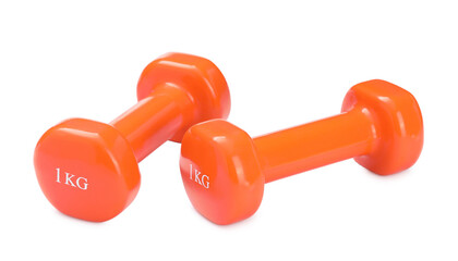 Obraz premium Orange dumbbells isolated on white. Sports equipment