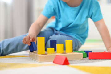 Little boy playing with set of wooden geometric figures on carpet, closeup. Kindergarten activities for motor skills development