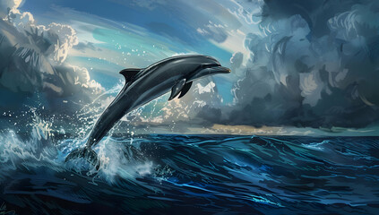 Fototapeta premium A majestic dolphin leaps out of the ocean against a dramatic cloudy sky, capturing the essence of freedom and nature's beauty.