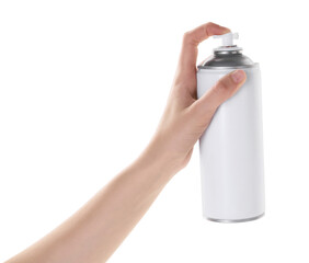 Man with can of spray paint on white background, closeup