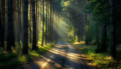 Obraz premium A serene forest path illuminated by warm sun rays filtering through the tall trees, creating a peaceful and idyllic natural setting.