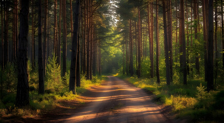 Obraz premium A serene dirt road winds through a dense pine forest, bathed in the golden light of a peaceful sunset, creating a tranquil natural scene.