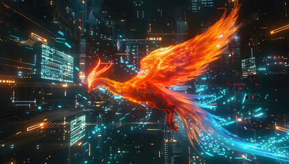 A vibrant digital phoenix soars through a futuristic cityscape filled with neon lights, symbolizing rebirth and digital transformation.
