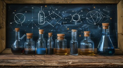 Naklejka premium A rustic wooden shelf holds an array of glass bottles filled with colorful liquids, suggesting chemical substances.